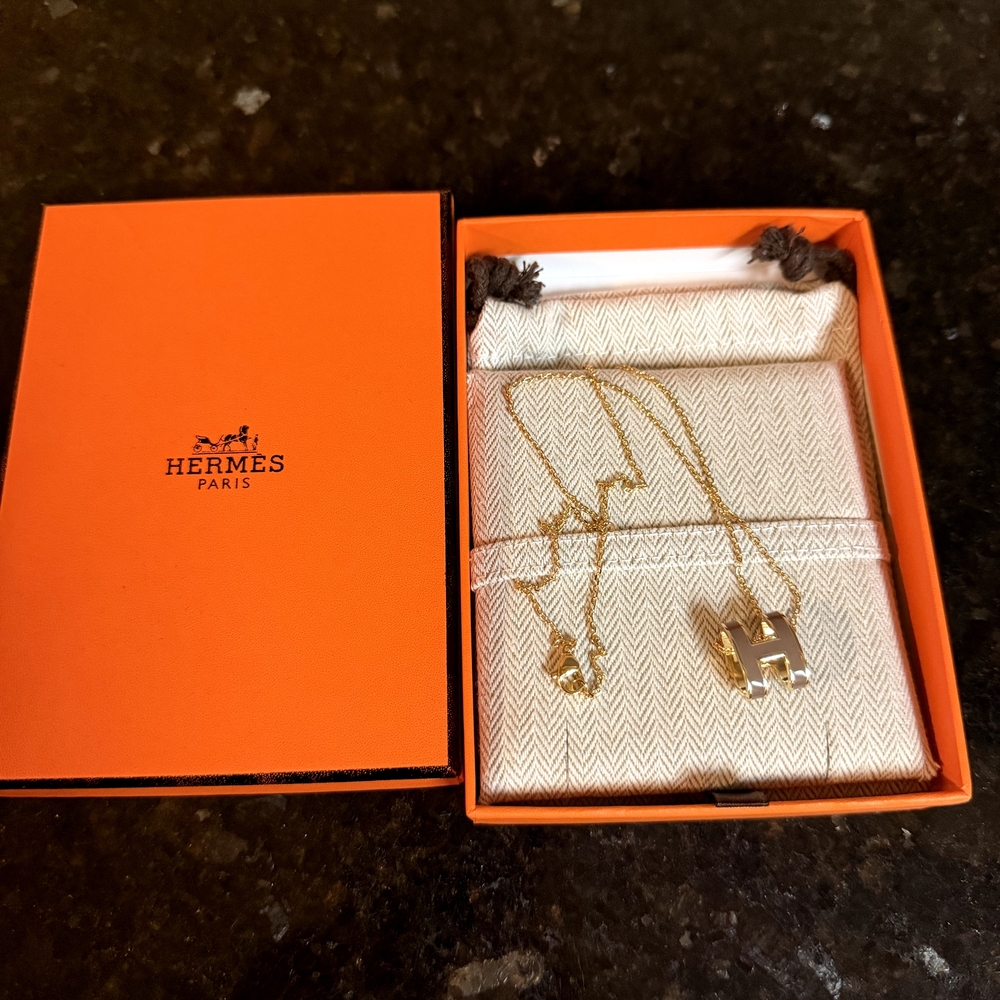 Hermes Grey 'H' Pendant Gold Necklace